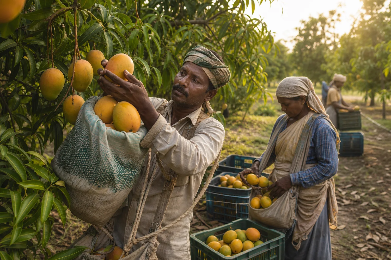 Mango farmers carefully harvesting ripe fruit into padded collection bags