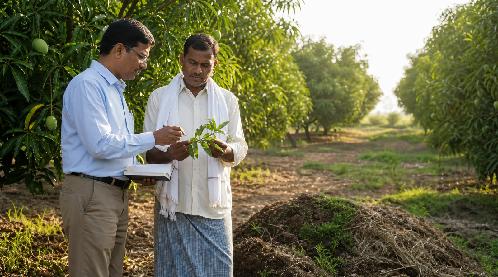 A field expert and mango farmer examining orchard leaves together in Nuzvid
