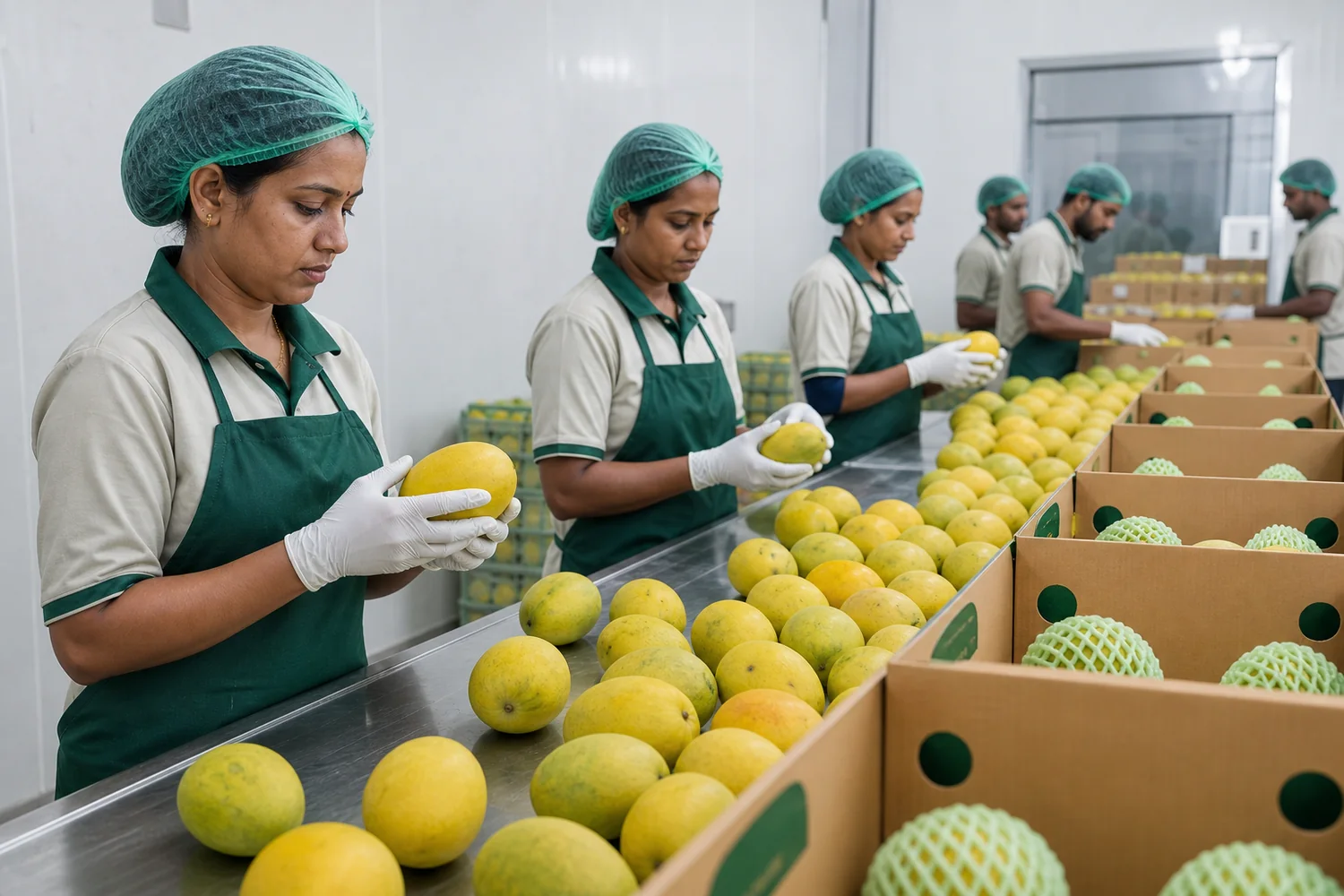 Quality team inspecting mangoes and packing them into protected export cartons